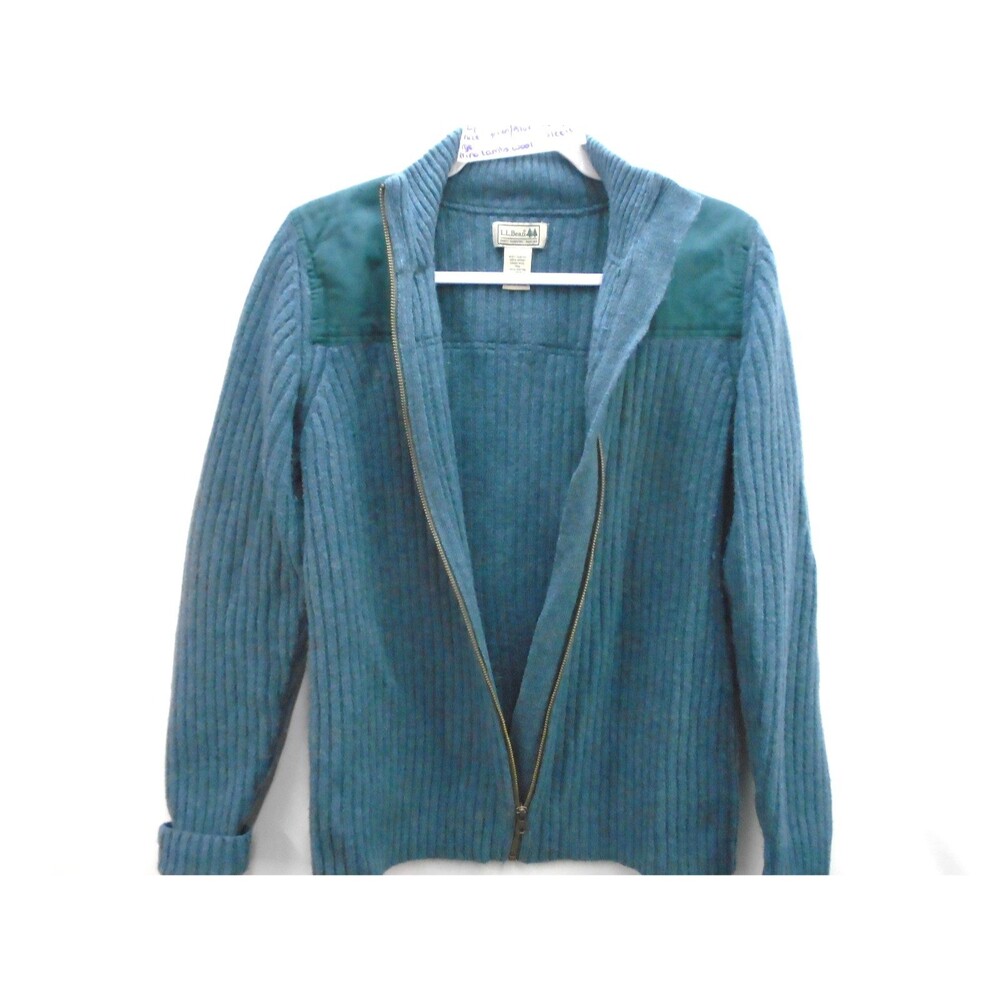 LL Bean Commando Sweater Women Large Full Zip Merino Lambswool Spruce Green Blue - Picture 3 of 10